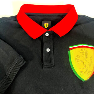 Ferrari Polo Shirt Mens F1 Black Red Prancing Big Horse L Crest Short Sleeve L